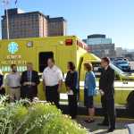 Homer Fire Chief Bob Painter took possession of a new ambulance for the city on Monday in Downtown Anchorage at an announcement bu the USDA Office of Rural Development. From left to right are, Southern Region EMS Council Executive Director Sue Hecks; Department of Health and Social Services Emergency Program Manager Andy Jones, USDA-Rural Development Alaska State Director Jim Nordlund, Painter, USDA-Rural Development Under Secretary Lisa Mensah, Sen. Lisa Murkowski and  Director of Community Facilities Greg Stuckey.