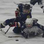 Photo by Joey Klecka/Peninsula Clarion Soldotna's Journey Miller (bottom) and Homer's Dimitry Kuzmin collide after a faceoff Thursday evening at the Soldotna Regional Sports Complex.