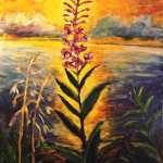 Pierre's backlighting technique also is shown in this painting of fireweed.