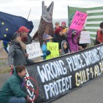Protesters hold flags, sign and banners at a rally on Friday afternoon at the Seafarers Memorial on the Homer Spit. The protest was aimed at Northern Edge, a joint military exercise running June 15-26 in the Gulf of Alaska.-Photo by Michael Armstrong, Homer News