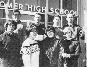 Members of the 1967 Homer Nordic ski team pose in front of Homer High School. In front row, from left, are Milli Morawitz, Sally Calhoun, Gayle Gregory and Sally Barnett; in back row, from left, are Lynn Cason, Robbie Hoedel, Larry Martin and Dave Schroer, who was recently inducted into the Alaska High School Hall of Fame.-Photo provided by the Schroer family