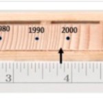 Fig. 1: This tree core sample is from a Sitka spruce that was too small (5 ½ inches diameter) to be killed by the spruce bark beetles in the 1990s.  In the late 1990s its larger neighbors were killed and the canopy opened up, releasing the tree’s growth in 1999 (arrow). At 13 inches today the tree is now growing vigorously and is prime fodder for the beetles. The corky-looking phloem layer (between the wood and the darker outer bark) is big enough for an adult beetle. -Ed Berg