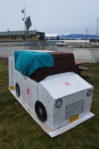 A Salvation Army-decorated “truck” housed Salvation Army Church pastor Christin Fankhauser all Saturday night at WKFL Park. As the church begins the process of trying to open a cold weather homeless shelter, Fankhauser came to sleep out to experience for herself what it would be like to spend a November night homeless in Alaska.-photo by Annie Rosenthal, Homer News
