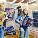 One of Michael Murray’s paintings of musicians performing.