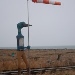 The wind sock flies almost horizontal Monday afternoon on Rachelle Dowdy's loon sculpture at Bishop's Beach.-Photo by Michael Armstrong, Homer News