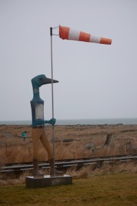 The wind sock flies almost horizontal Monday afternoon on Rachelle Dowdy's loon sculpture at Bishop's Beach.-Photo by Michael Armstrong, Homer News