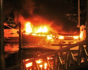 The F/V Linda Kay burns at the Homer Harbor early Thursday, Nov. 3.-Photo by Russell Campbell; Wandering Nomad Photography