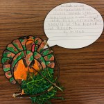 Tristyn's bow-and-arrow-holding camoflauge turkey said you should eat chicken instead of turkeys so turkeys can be hunters and not go extinct.