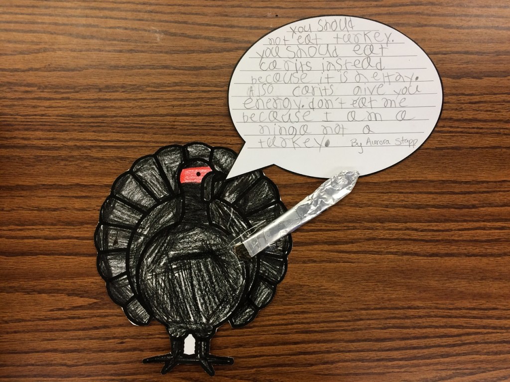 You can't eat Aurora Stapp's turkey because it's not a turkey, it's a ninja. The ninja says to eat carrots instead because they give you energy.