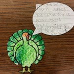 Here's what Jack Faber's turkey says: "You should not eat a turkey. You should eat a plant insted because plants are healthier. Also, I don't like being eaten!"