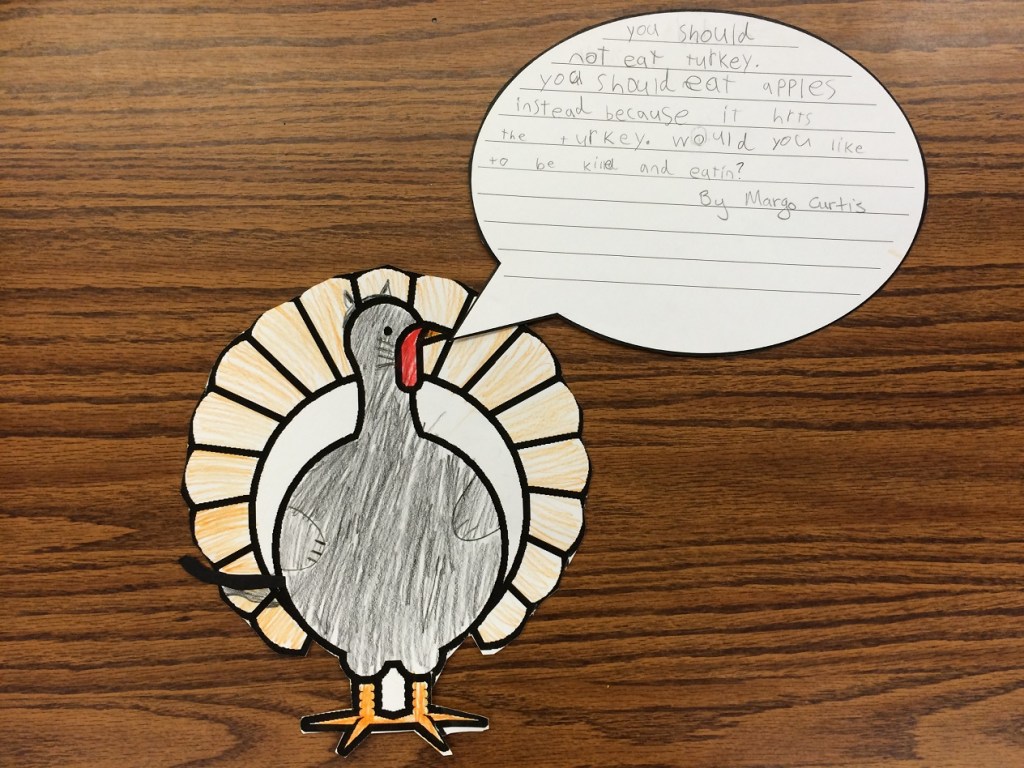 Margo Curtis' cat-costumed turkey suggests apples instead of turkey because, "would you like to be killed and eaten?"