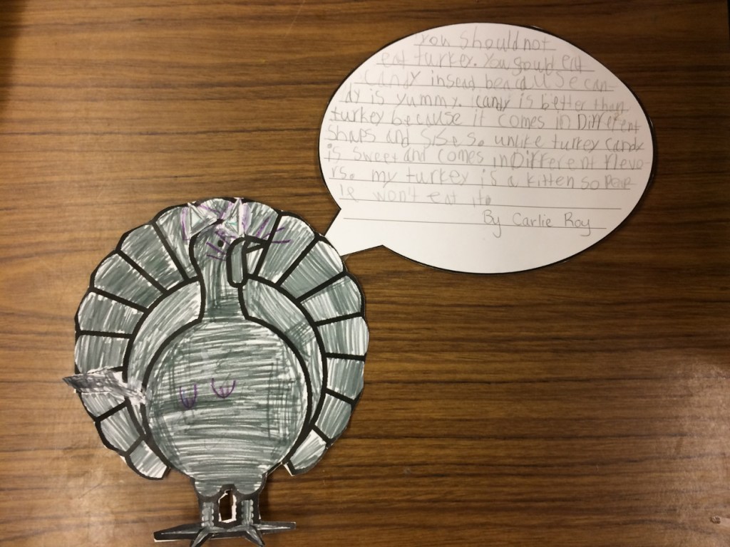 Carlie Ray's turkey dressed up as a kitten and tells people they should eat candy instead of turkey because it is sweet and comes in different flavors.