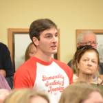 Tim Higginbotham, co-chair of Anchorage Democratic Socialists of America, asks Sen. Lisa Murkowski, R-Alaska, if she would support a single-payer health care system. Murkowski spoke at a town hall meeting on health care Friday, July 7, 2017, at Homer City Hall. About 150 packed the Cowles Council Chambers to share their concerns about health care. Three members of the DSA visited Homer for Murkowski&rsquo;s visit.