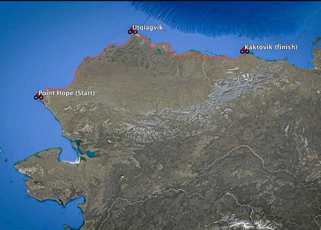 This map from the Roof of the Arctic website shows the planned route of the expedition. Kim McNett and Bjørn Olson biked from Point Hope to Utqiagvik this summer, and plan to finish the route to Kaktovik next year. (Photo courtesy Bjørn Olson)