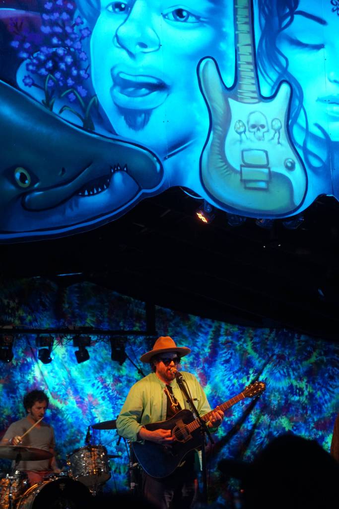 Zil Fessler, left, and Michael Glabicki of Rusted Root perform on Saturday night, Aug. 5, 2017, at Salmonfest, Ninilchik, Alaska. (Photo by Michael Armstrong, Homer News)