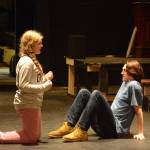 Pier One Youth Theatre actors Vianne Sarber, left, as Rosario, and Zane Wilkonson, right, as Lonzo, rehearse a secne from &ldquo;Honor Among Thieves,&rdquo; at Pier One Theatre, Homer, Alaska, Friday, Aug. 4, 2017. (Photo by Michael Armstrong, Homer News)