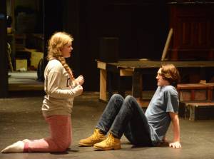 Pier One Youth Theatre actors Vianne Sarber, left, as Rosario, and Zane Wilkonson, right, as Lonzo, rehearse a secne from &ldquo;Honor Among Thieves,&rdquo; at Pier One Theatre, Homer, Alaska, Friday, Aug. 4, 2017. (Photo by Michael Armstrong, Homer News)