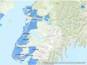 This map, taken from Alaska Communications&rsquo; presentation to the Kenai Peninsula Borough Assembly on Tuesday, Aug. 15, 2017, shows the areas eligible for broadband expansion with the funding Alaska Communications received from the Federal Communications Commission. The company plans to expand its broadband internet services on the Kenai Peninsula in stages from 2018–2025. (Courtesy Alaska Communications)