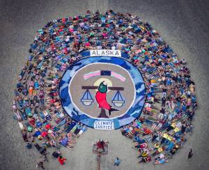 Hundreds participated in the 7th annual Salmonfest Action of Art on Aug. 5, 2017 and led by installation artist Mavis Muller. Volunteers helped Muller create the installation art. Muller said the art &ldquo;was meant to send a strong message of advocacy for Alaska&rsquo;s waterways and the salmon which are &lsquo;canaries in the coal mine.&rsquo; alerting us to the impact of climate change on the health of our communities and entire ecosystem.&rdquo; (Aerial drone photo taken by John Newton)
