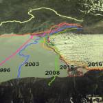 Kachemak Bay Research Reserve scientist Steve Baird used computer map making to show the retreat of Grewingk Glacier over time, as photographed Tuesday, Aug. 22, 2017. It&rsquo;s part of the cARTography exhibit at the Pratt Museum, Homer, Alaska. (Photo by Michael Armstrong, Homer News)