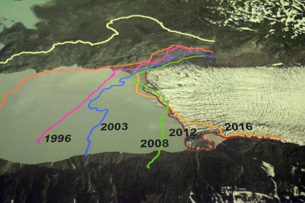 Kachemak Bay Research Reserve scientist Steve Baird used computer map making to show the retreat of Grewingk Glacier over time, as photographed Tuesday, Aug. 22, 2017. It&rsquo;s part of the cARTography exhibit at the Pratt Museum, Homer, Alaska. (Photo by Michael Armstrong, Homer News)