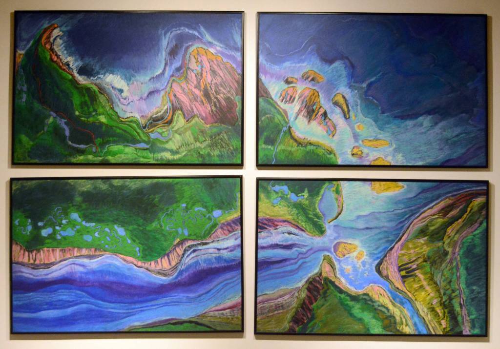 Karla Moss Freeman&rsquo;s &ldquo;Wild Alaska,&rdquo; painted during the 1989 Exxon Valdez oil spill, depicts the spill area in Prince William Sound as shown here Tuesday, Aug. 22, 2017. It&rsquo;s included in the ARTography exhibit at the Pratt Museum, Homer, Alaska. (Photo by Michael Armstrong, Homer News)