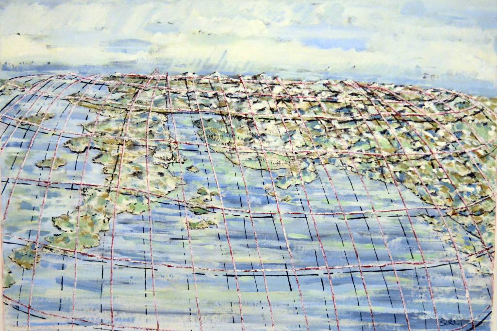 Mike Sirl&rsquo;s &ldquo;The Grid Land,&rdquo; shown Tuesday, Aug. 22, 2017 was one of the art works that inspired cARTography, an exhibit at the Pratt Museum, Homer, Alaska. (Photo by Michael Armstrong, Homer News)