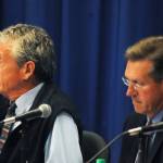Alaska Department of Fish and Game Commissioner Sam Cotten (left) and Board of Fisheries member Reed Morisky (right) testify during a Senate Committee on Commerce, Science and Transportation field hearing on the reauthorization of the Magnuson-Stevens Fishery Conservation and Management Act, hosted by Sen. Dan Sullivan on Aug. 23 in Soldotna. (Photo/Elizabeth Earl/Peninsula Clarion)
