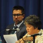 Alaska Groundfish Data Bank Executive Director Julie Bonney (right) and Alaska Marine Conservation Council Deputy Director Shannon Carroll (left) testify during a Senate Committee on Commerce, Science and Transportation field hearing on the reauthorization of the Magnuson-Stevens Fishery Conservation and Management Act, hosted by Sen. Dan Sullivan on Aug. 23 in Soldotna. (Photo/Elizabeth Earl/Peninsula Clarion)