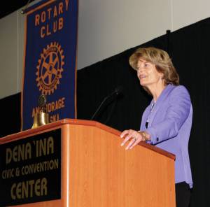 Alaska U.S. Sen. Lisa Murkowski speaks to the Anchorage Rotary Club on Aug. 29, 2017 at the Dena&rsquo;ina Civic and Convention Center in Anchorage, Alaska. Murkowski said the contentious health care debate will resume after the August recess, and tax reform is on the schedule as well. (Photo/Naomi Klouda/AJOC)