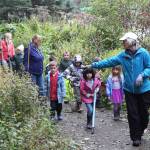 Deb Lowney leads a group of Paul Banks Elementary students along a recently-completed train at Karen Hornaday Park on Thursday, Sept. 7, 2017 in Homer, Alaska. The kids volunteered to transplant pine trees from a nearby street to the trails to help diversify the plant life in the park. (Photo by Megan Pacer/Homer News)