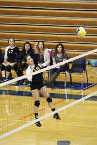 Senior and right hitter Rasia Basargin spikes the ball over the net during Homer&rsquo;s varsity volleyball team&rsquo;s game against Joe Redington Jr./Sr. High School on Friday, Sept. 8, 2017 at the Alice Witte Gymnasium in Homer, Alaska. The Mariners swept the Huskies 3 sets to 0. (Photo by Megan Pacer/Homer News)