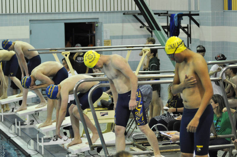 Homer junior Teddy Handley (center) prepares for the start of the 100 meter freestyle Saturday, Sept. 9, 2017 at the Homer Invitation swim meet at the Kate Kuhns Aquatic Center in Homer, Alaska. (Photo courtesy Paul Story)