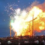 Fireworks explode on top of this year&rsquo;s Burning Basket Project while it burns in a celebratory ceremony Sunday, Sept. 10, 2017 at Mariner Park in Homer, Alaska. This year&rsquo;s theme for the basket was &ldquo;Shine.&rdquo; (Photo by Megan Pacer/Homer News)