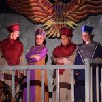 Susan Cates Blackmon, second from left, as Caiaphas, and Adele Person, left, Falcom Greear, second from right, and Jenny Medley, right, all as priests, rehearse a scene from &ldquo;Jesus Christ Superstar&rdquo; on Monday, Oct. 2, 2017 at Mariner Theatre in Homer, Alaska. The musical opens Friday, Oct. 6. (Photo by Michael Armstrong, Homer News)