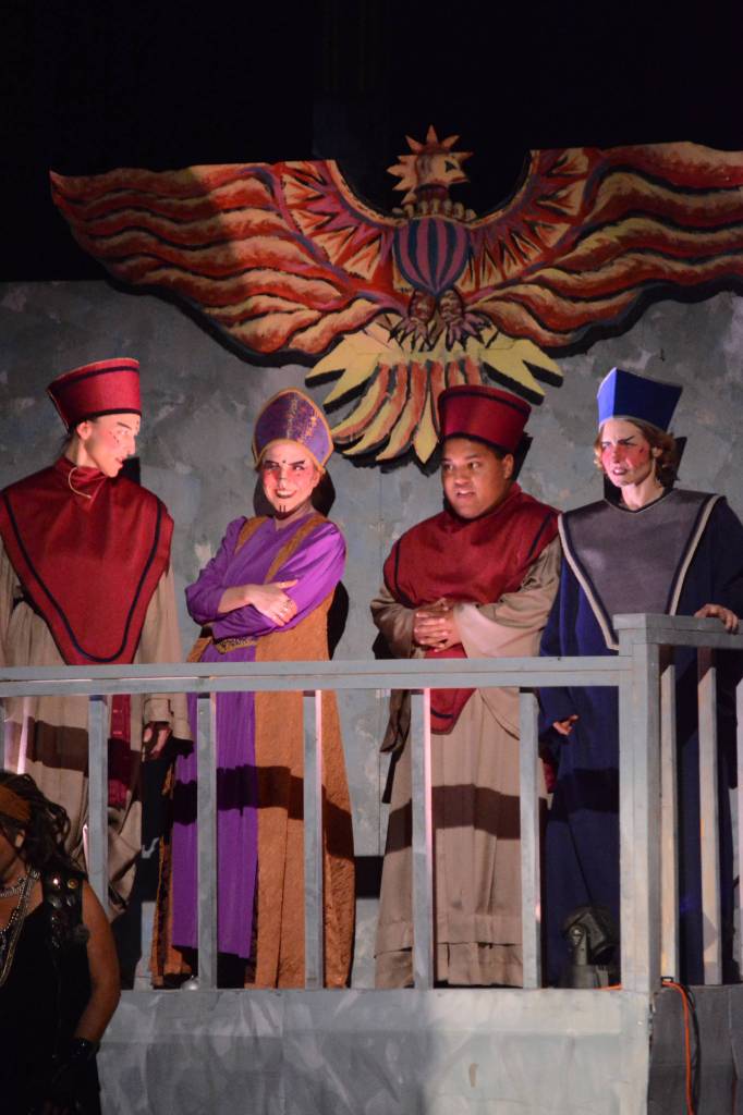 Susan Cates Blackmon, second from left, as Caiaphas, and Adele Person, left, Falcom Greear, second from right, and Jenny Medley, right, all as priests, rehearse a scene from &ldquo;Jesus Christ Superstar&rdquo; on Monday, Oct. 2, 2017 at Mariner Theatre in Homer, Alaska. The musical opens Friday, Oct. 6. (Photo by Michael Armstrong, Homer News)