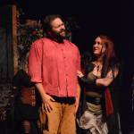 Kyle Schneider , left, as Jesus and Hannah Heimbuch, right, as Mary Magdalene rehearse a scene from &ldquo;Jesus Christ Superstar&rdquo; on Monday, Oct. 2, 2017 at the Mariner Theatre in Homer, Alaska. The musical opens Friday, Oct. 6. (Photo by Michael Armstrong, Homer News)