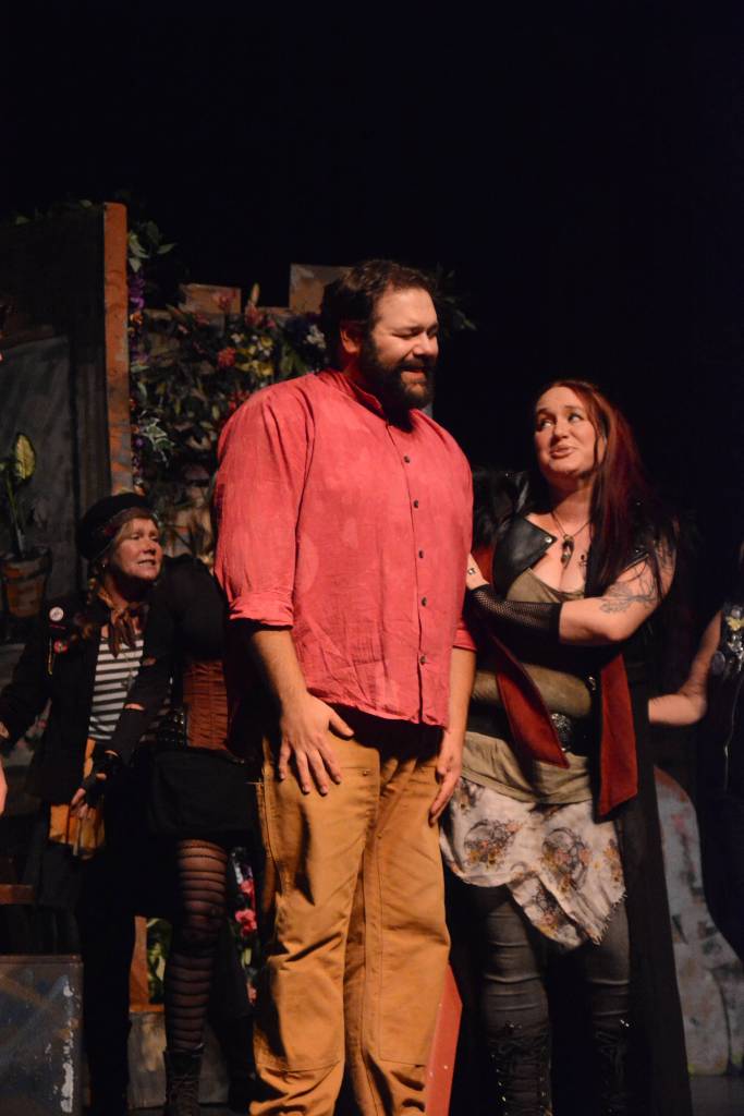 Kyle Schneider , left, as Jesus and Hannah Heimbuch, right, as Mary Magdalene rehearse a scene from &ldquo;Jesus Christ Superstar&rdquo; on Monday, Oct. 2, 2017 at the Mariner Theatre in Homer, Alaska. The musical opens Friday. (Photo by Michael Armstrong, Homer News)