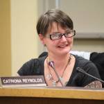Catriona Reynolds, who served on the Homer City Council for three years, makes her closing remarks at her last meeting Monday, Oct. 9, 2017 in Cowles Council Chambers in Homer, Alaska. (Photo by Megan Pacer/Homer News)