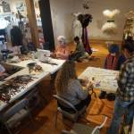 Participants assemble Wearable Arts pieces Saturday, Oct. 14, 2017 at a workshop with Sheila Wyne at the Bunnell Street Arts Center in Homer, Alaska. Wyne is artist in residence at Bunnell at a residency sponsored by the Homer Fiber Arts Collective. (Photo by Michael Armstrong)