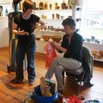 Sheila Wyne, right, helps Mallory Drover with a Wearable Arts piece Saturday, Oct. 14, 2017 at a workshop Wyne held at the Bunnell Street Arts Center in Homer, Alaska. Wyne is artist in residence at Bunnell is a residency sponsored by the Homer Fiber Arts Collective. (Photo by Michael Armstrong)