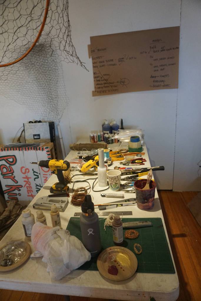 An array of tools at Sheila Wyne&rsquo;s temporary studio in the Bunnell Street Arts Center in Homer, Alaska, shown here on Saturday, Oct. 14, 2017, shows that she&rsquo;s not your typical fiber artist. (Photo by Michael Armstrong)