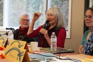 Mairiis &ldquo;Mossy&rdquo; Kilcher tells a story during a panel called Women Pioneers Speak on Saturday, Oct. 14, 2017 at the Homer Senior Citizens Center in Homer, Alaska. Four women whose families homesteaded in Alaska told tales of the early days to a crowd eager for stories. (Photo by Megan Pacer/Homer News)