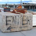 A concrete block points the way for attendees of this year&rsquo;s Haunted Hickory event aboard the U.S. Coast Guard Cutter Hickory on Thursday, Oct. 26, 2017 in Homer, Alaska. Hundreds of people lined up and waited to be scared by the ship&rsquo;s crew in the annual spooky tour. (Photo by Megan Pacer/Homer News)