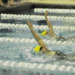Freshmen Mia Groves (foreground) and Katelyn Engebretsen (background) compete in the Region III Swimming and Diving Championships held Friday and Saturday, Oct. 27-28, 2017 in Palmer, Alaska. (Photo submitted)