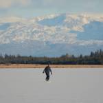 A skaters glides across Beluga Lake last Friday afternoon, Nov. 17, 2017 in Homer, Alaska. With clear and cold weather, the lake has frozen enough to support ice skating. A slight dusting of snow last Thursday didn&rsquo;t affect skating. (Photo by Michael Armstrong, Homer News)