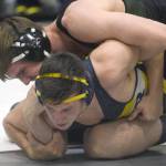 Colony&rsquo;s Caleb Hopkins controls Homer&rsquo;s Tristen Cook at 182 pounds en route to a 2-1 decision Saturday, Nov. 11, 2017, in the championship dual of the Peninsula Duals at Nikiski High School in Nikiski, Alaska. (Photo by Jeff Helminiak/Peninsula Clarion)