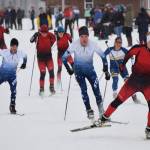 The boys field of skiers take off onto the Turkey Skate race course Tuesday afternoon, Nov. 21, 2017 on the Tsalteshi Trails in Soldotna, Alaska. (Photo by Joey Klecka/Peninsula Clarion)