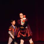 Hannah Heimbuch as Aunt Drosselmeyer, right, rehearses a scene with Spencer Co, left, as her assistant at the Mariner Theatre Friday, Nov. 24, 2017 in Homer, Alaska for the Nutcracker Ballet. (Photo by Michael Armstrong, Homer News)