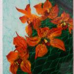 &ldquo;Orange Orchid,&rdquo; one of Sharlene Cline&rsquo;s collages of a Chinese brush painting and other media, shown here Friday, Dec. 1, 2017 at Ptarmigan Arts in Homer, Alaska. (Photo by Michael Armstrong, Homer News)